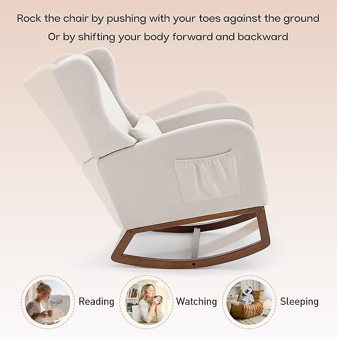 Rocking Chair Nursery Glider Chair with Foot Rest, Nursery Rocking Chairs with Rubber Wood Legs Side Pocket, High Back Nursing Chair, Accent Rocker Arm Chair Baby Bedroom, Living Room, Beige