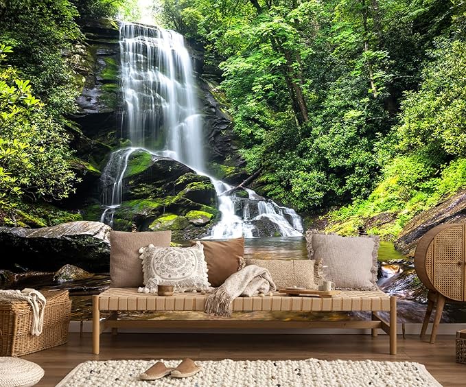 Waterfall Wallpaper Natural Landscape Lake Green Forest Wall Mural for Living Room Bedroom Dining Room Basement(Not Self-Adhesive)