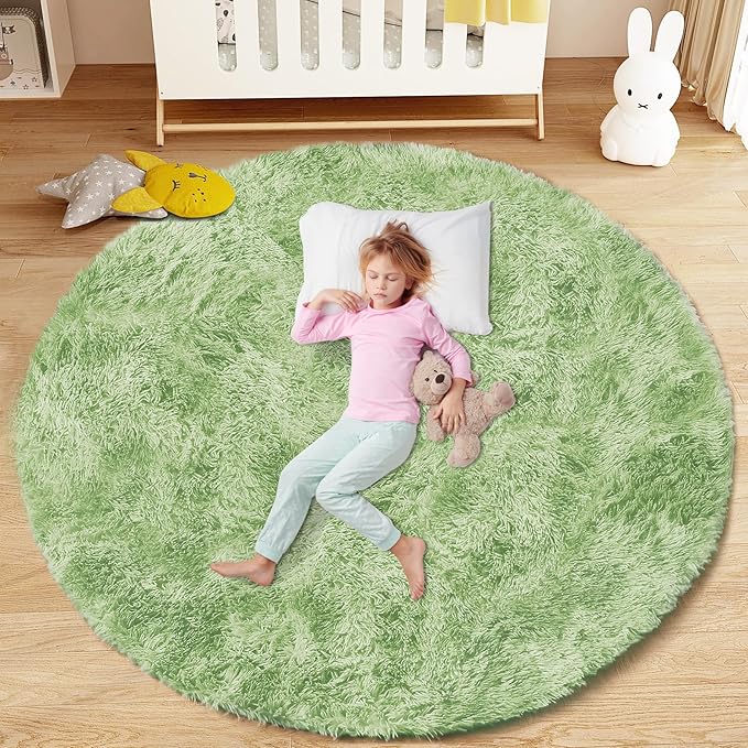 4FT Round Rug for Bedroom: Fluffy Shag Soft Washable Rugs Circle Small Fuzzy Plush Indoor Carpet for Living Room Nursery Playroom Dorm Kids Girls Boys Room (Sage Green, 4'x4')