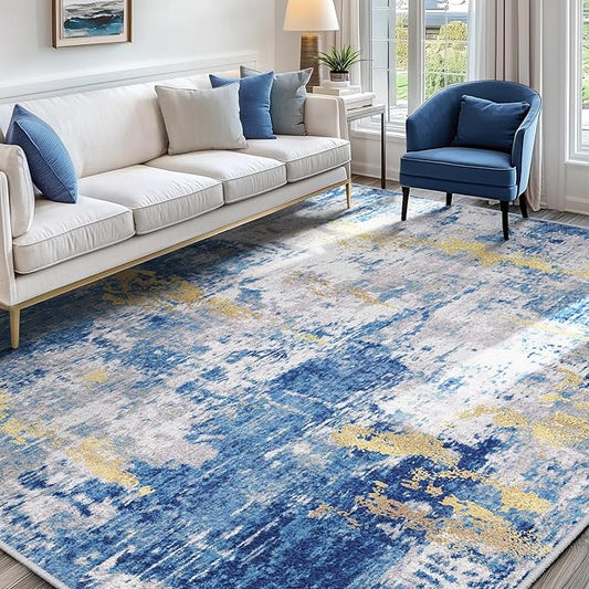 Washable Area Rugs 6'x9' Non-Slip Modern Abstract Soft for Living Room Entryway Bedroom Nursery, Print Pattern, Grey Blue Gold/Golden