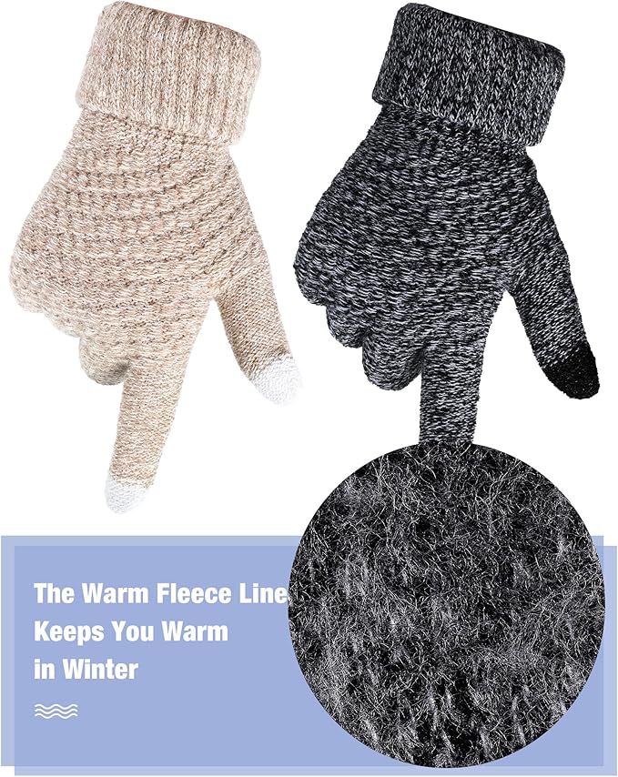 Geyoga 2 Pairs Women's Winter Touch Screen Gloves Soft Warm Fleece Lined Knit Elastic Cuff Winter Texting Gloves