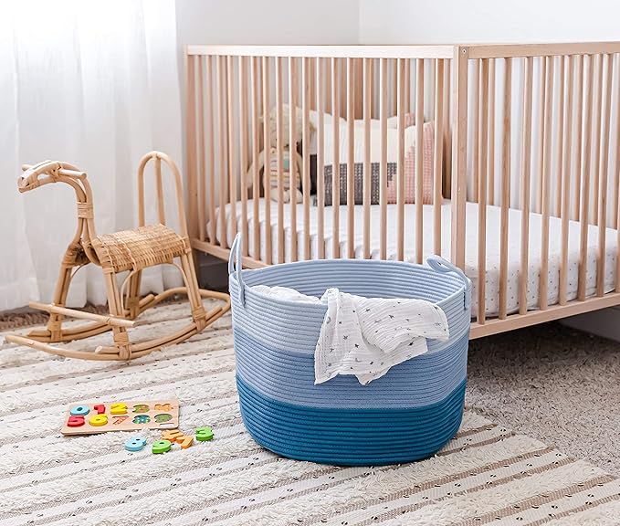 OrganiHaus Toy Storage Basket for Kids, Large Cotton Rope Organizer Bin for Nursery, Toy Box, Blanket Holder, Baby Hamper for Living Room, Soft & Washable, 20x13 inches - Blue