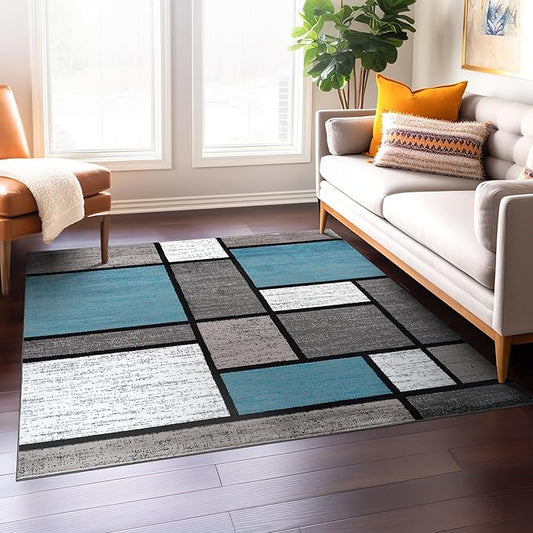 Rugshop Contemporary Modern Boxes for Home Office,Living Room,Bedroom,Kitchen Non Shedding Square Area Rug 6'6" x 6'6" Blue