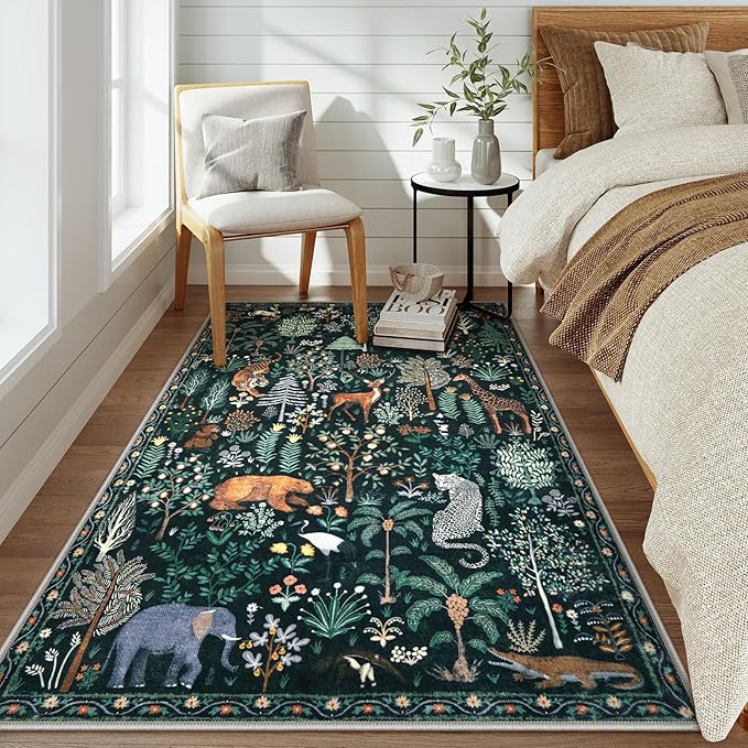 OJIA Jungle Print 5x7 Area Rugs for Living Room, Green Soft Washable Rugs for Bedroom Ultra-Thin Non-Slip Modern Rug, Stain Resistant Nursery Rug Carpet for Kids Playroom Nursery Dining Room