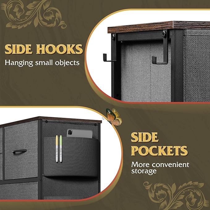 WLIVE Dresser for Bedroom with 10 Drawers, Fabric Dresser Chest of Drawers with Side Pockets and Hooks, Sturdy Metal Frame, Drawers Organizer Unit for Room, Hallway, Dark Gray