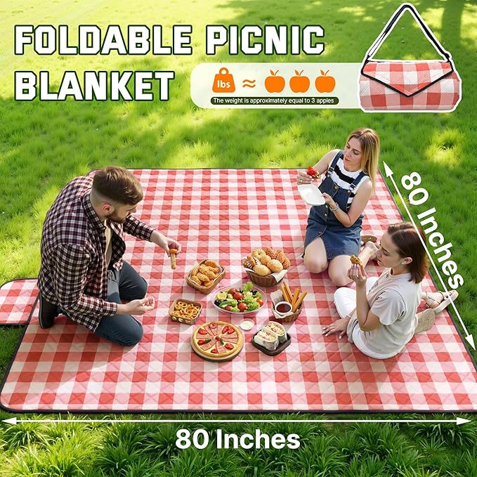 TigeJoy Extra Large Picnic Blanket Waterproof Foldable 80''x80'', Outdoor Picnic Mat Beach Blanket Sandproof for Park, Grass, Travel, Hiking, Camping Essentials, Gingham Picnic Blanket