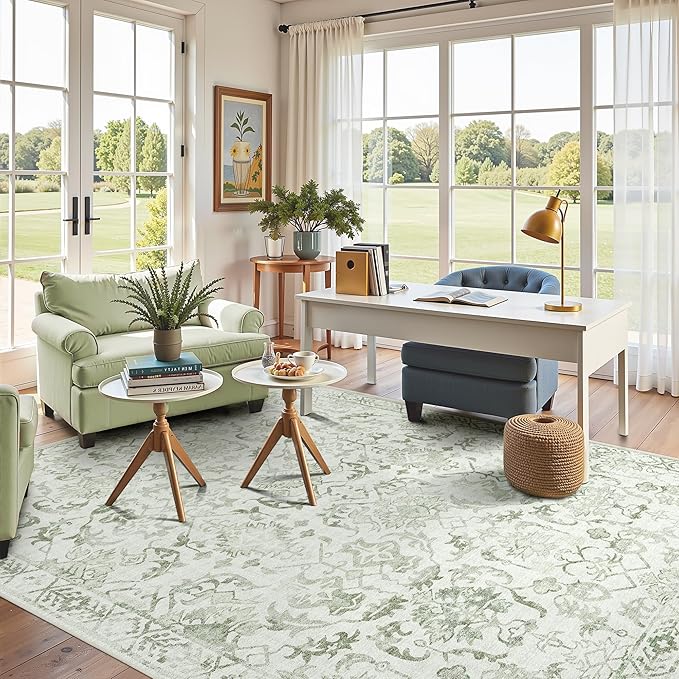 Light Green Area Rugs 6x9 for Living Room, Washable Vintage Rugs for Bedroom, Distressed Throw Rug, Non Slip Rug Carpet for Bedroom Dining Office