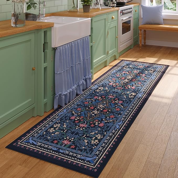 Runner Rug for Kitchen Rug Non Slip 2'6"x8' Washable Rugs with Rubber Backing Soft Vintage Floral Botanical Carpet Runner for Kitchen, Laundry, Bedroom, Bathroom, Blue