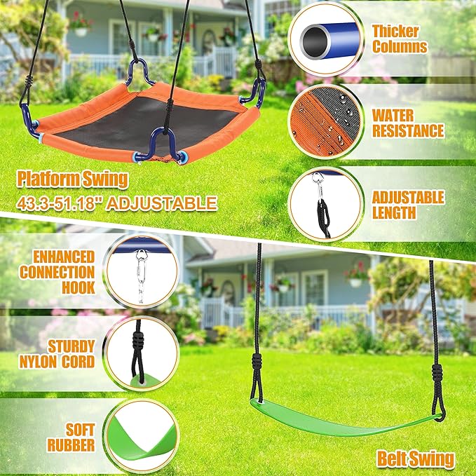 Swing Set for Backyard - 6 in 1 Multifunction Kids Swing Set Heavy Duty 550 lbs Outdoor Extra Large Metal Swing Frame with 3 Adjustable Swings Climbing Net Ladder Basketball Hoop