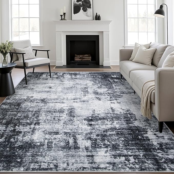 6x9 Area Rug Living Room Rug: Washable Modern Abstract Soft Thin Rug Indoor Floor No Slip Stain Resistant Carpet for Bedroom Dining Room Farmhouse Nursery Home Office - Dark Black