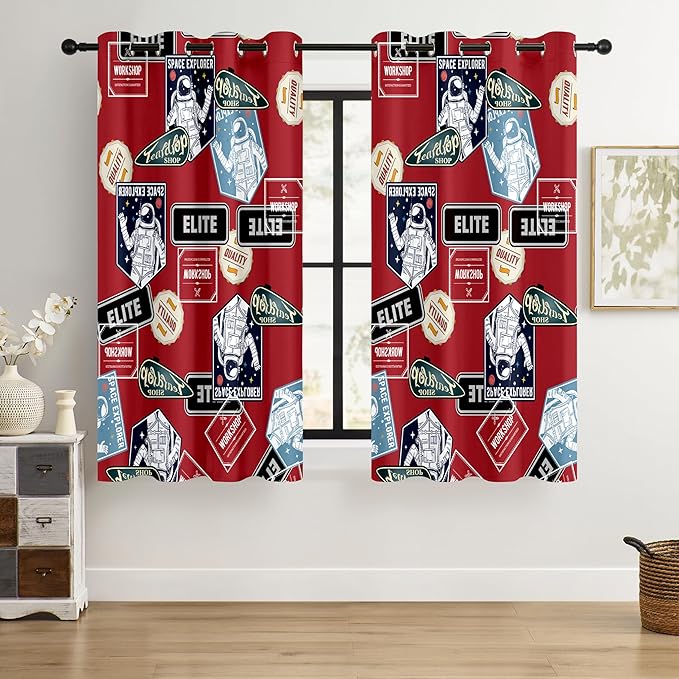 Kids Space Astronaut Blackout Curtains - 100% Blackout, Thermal Insulated, Noise Reducing, Perfect for Kids Room and Nersurys, 2 Panels (Space Badge Crew, W52×L63)