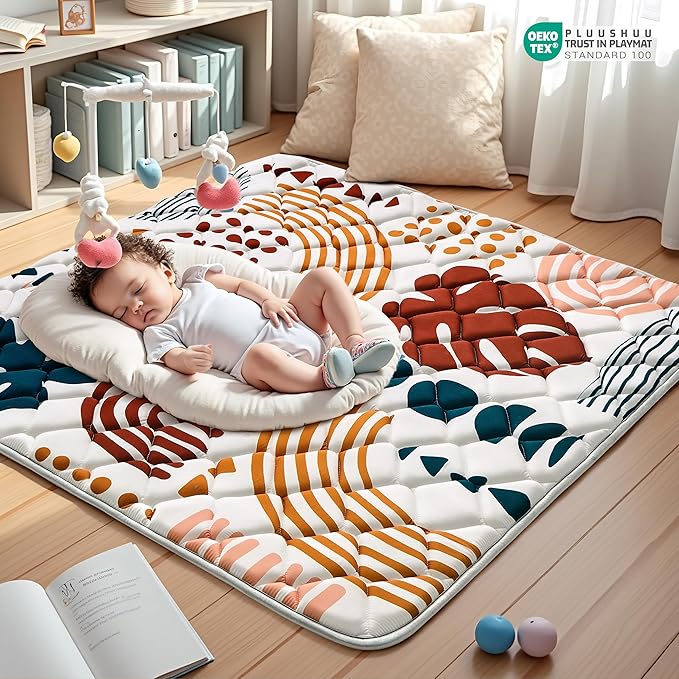 Baby Play Mats for Floor, 50x50 Playpen Mat for Babies, Extra Thicker & Soft Floor Crawling Mat, Foldable Non-Slip Playmat Cushioned for Infants Toddlers, Boho Leaf Design