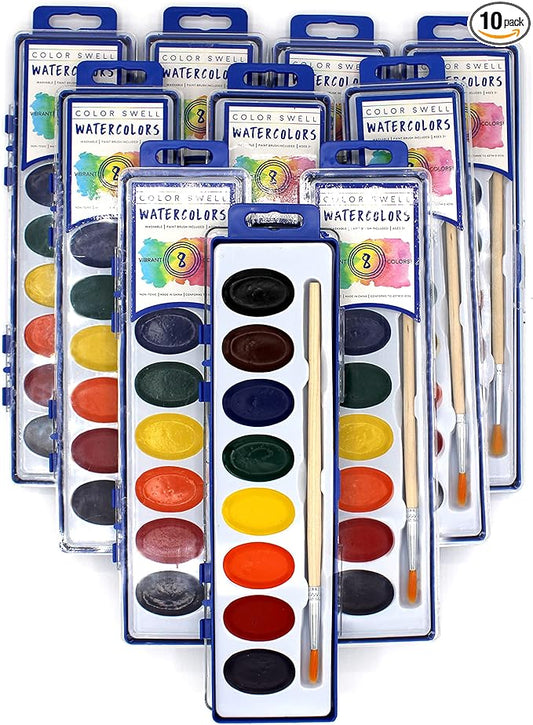 Color Swell Bulk Watercolor Paint 10 Pack with Wood Brushes 8 Washable Water Colors for Kids, Classrooms, Parties, All Ages
