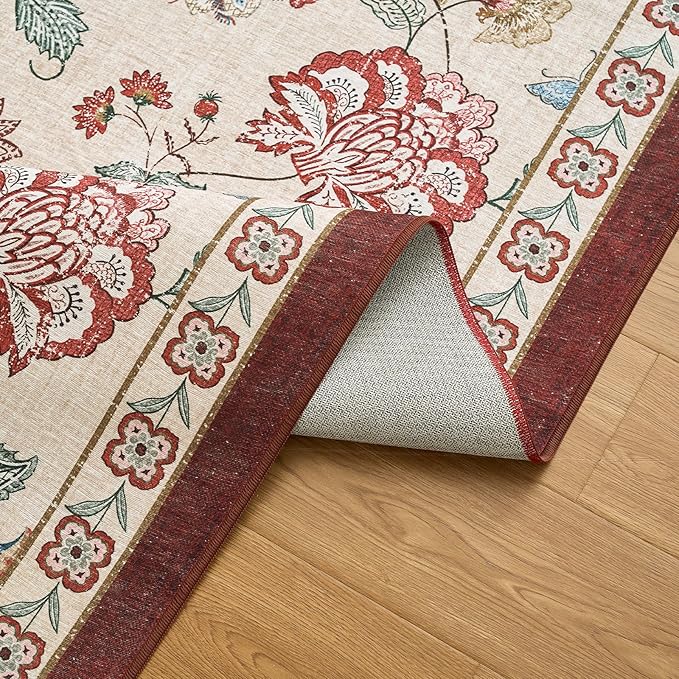 jinchan 7ft Floral Round Rug for Dining Room Washable Living Room Rug Vintage Romance Design Non Slip Indoor Floor Cover Lightweight Low-Profile Throw Carpet for Bedroom Porch Patio, Red/Beige