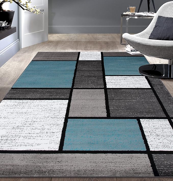 Rugshop Contemporary Modern Boxes for Home Office,Living Room,Bedroom,Kitchen Non Shedding Area Rug 6' 6" X 9' Blue/Gray