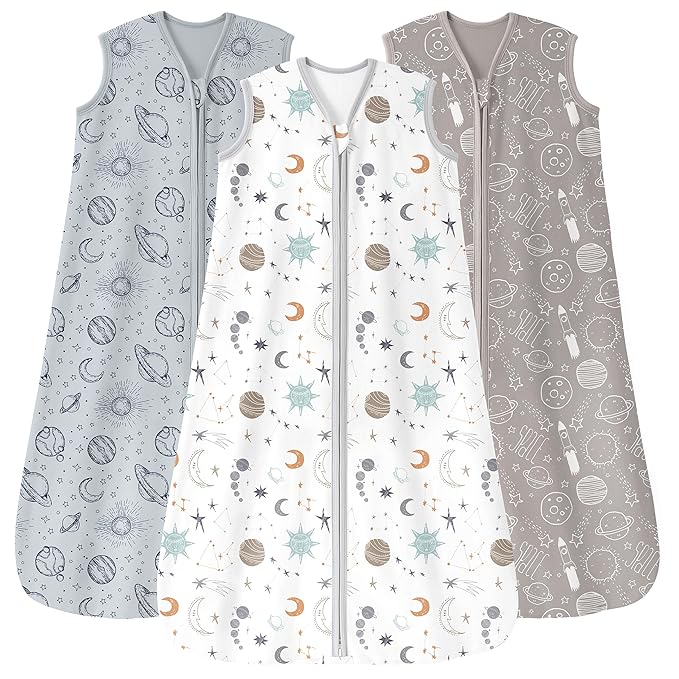Baby Sleep Sack 0-6 Months 3 Pack 100% Cotton Lightweight 0.5 TOG Wearable Blanket Baby Sleep Bag with 2-Way Zipper for Newborn Infant White Gray Blue Space