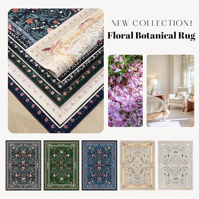 Area Rug 4x6 Rug Washable Vintage Floral Botanical Rugs Non Slip Low Pile Small Carpet for Bedroom, Bedside, Kids Room, Office, Dining Room, Blue