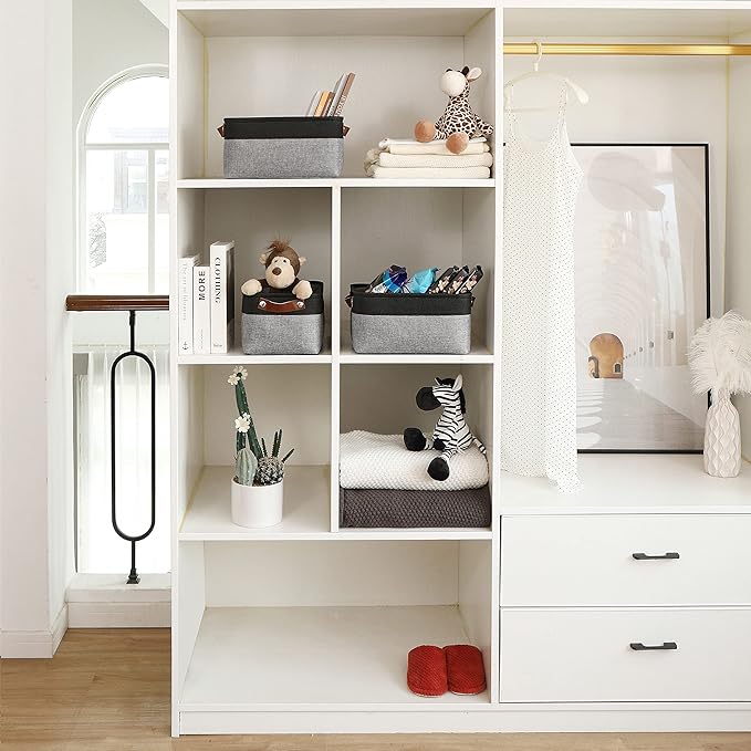 OrganiHaus Small Fabric Storage Baskets for Shelves 6 Pack, 12x8in Closet Storage Bins for Shelves, Cloth Baskets for Organizing, Linen Closet Organizers, Fabric Basket, Gray/Black