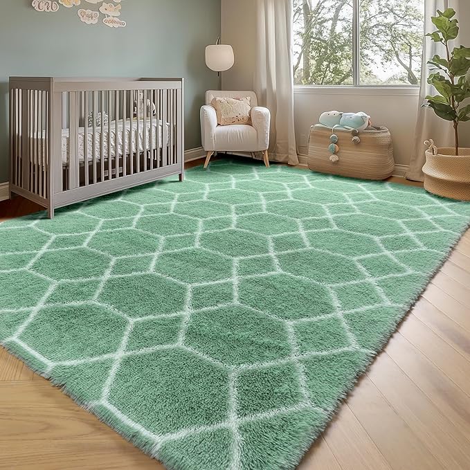 ONASAR Area Rugs for Bedroom Living Room, Washable 4x6 Fluffy Sage Green and White Throw Rug, Shaggy Geometric Floor Mat for Home Decor Aesthetic, Soft Plush Fuzzy Carpet for Nursery Kids Teen Dorm