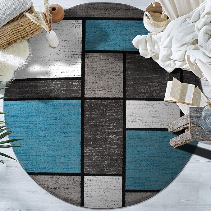 Rugshop Contemporary Modern Boxes for Home Office,Living Room,Bedroom,Kitchen Non Shedding Round Area Rug 8' Blue