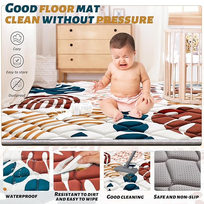 Baby Play Mats for Floor, 43x43 Playpen Mat for Babies, Extra Thicker & Soft Floor Crawling Mat, Foldable Non-Slip Playmat Cushioned for Infants Toddlers, Boho Leaf Design