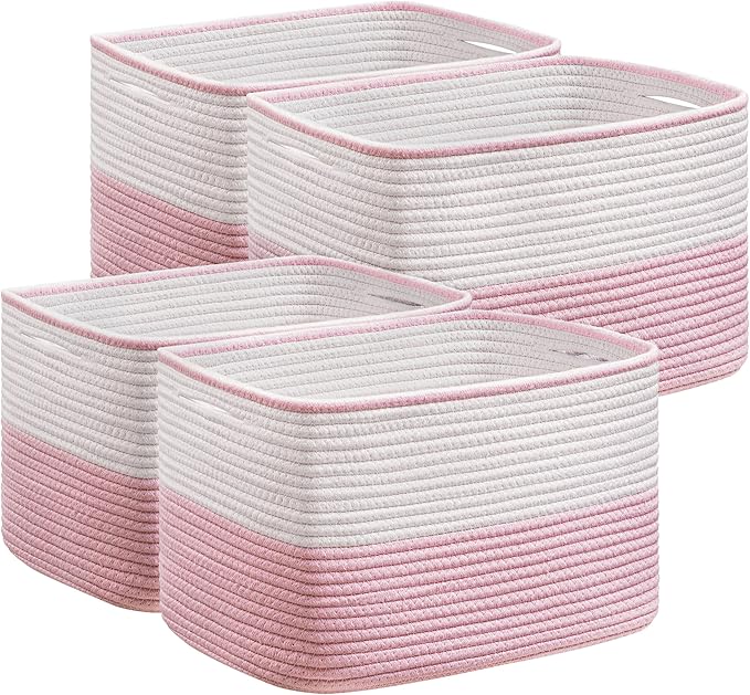UBBCARE 4 Pack Baskets for Organizing, Woven Storage Baskets for Toys and Towel, Rectangle Cotton Rope Basket with Handles, 15''L x10''W x9''H, Pink