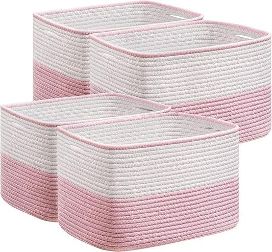UBBCARE 4 Pack Baskets for Organizing, Woven Storage Baskets for Toys and Towel, Rectangle Cotton Rope Basket with Handles, 15''L x10''W x9''H, Pink