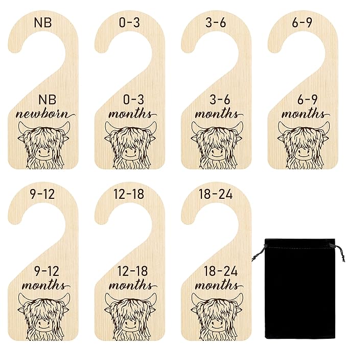 R HORSE 8Pcs Highland Cow Baby Closet Dividers, Double Sided Baby Closet Organizers Nursery Hanger Dividers Wood Size Dividers for Boy Girl Birthday Christmas Gift (0-24 Months)