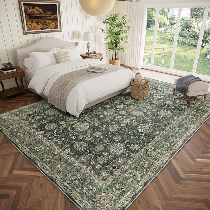 Washable 9x12 Area Rugs for Living Room, Boho Non-Slip Silicone Backing Rugs for Bedroom Dining Room Nursery Office, 0.3" Neutral Oriental Throw Carpet with 0.16" Cushioning Pad, Sage Green/Multi
