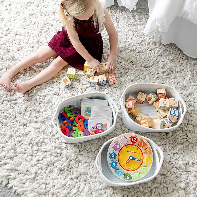 NaturalCozy 5-Piece Rectangle Storage Basket Set- Natural Cotton Rope Woven Baskets for Organizing! Small Basket for Montessori, Baby Nursery, Dog Toy Baskets, Cat Toy Box, Bathroom Organization Bin