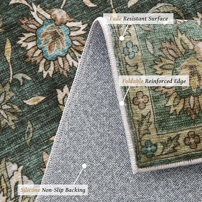 Washable 4x6 Rugs for Living Room, Boho Non-Slip Silicone Backing Small Rugs for Bedroom Nursery Office, 0.3" Neutral Oriental Throw Carpet with 0.16" Cushioning Pad, Sage Green/Multi