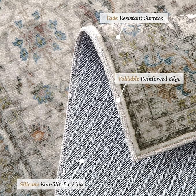Washable 3x5 Entryway Rug Indoor, Boho Non-Slip Silicone Backing Small Rugs for Kitchen Nursery Office Bedroom, 0.3" Neutral Oriental Throw Carpet with 0.16" Cushioning Pad, Cream/Multi