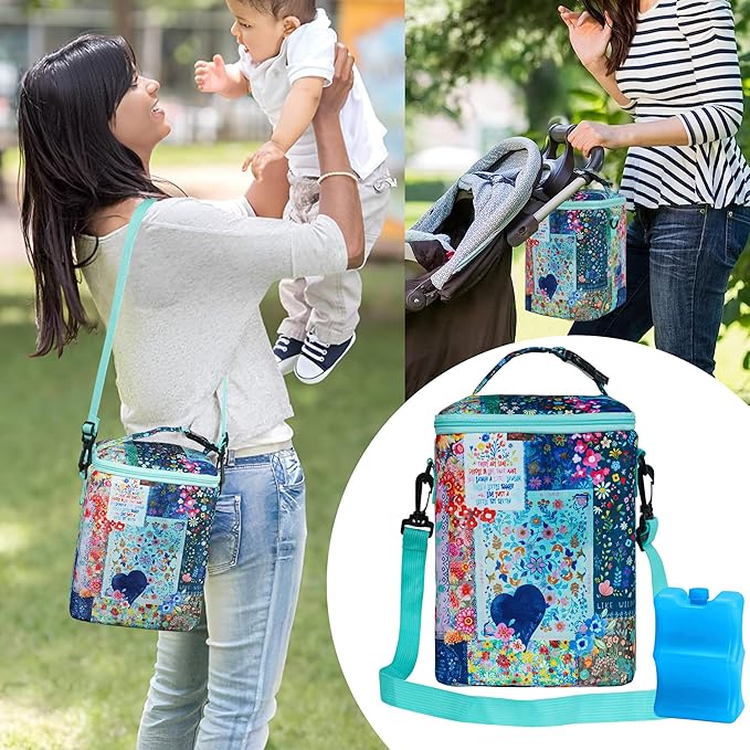 Breastmilk Cooler Bag with Ice Pack Fits 4 Baby Bottles Up to 9 Ounce Insulated Baby Bottle Bag Breast Milk Cooler on The Go with Strap Baby Bottle Cooler Bag for Nursing Mom Daycare or Travel