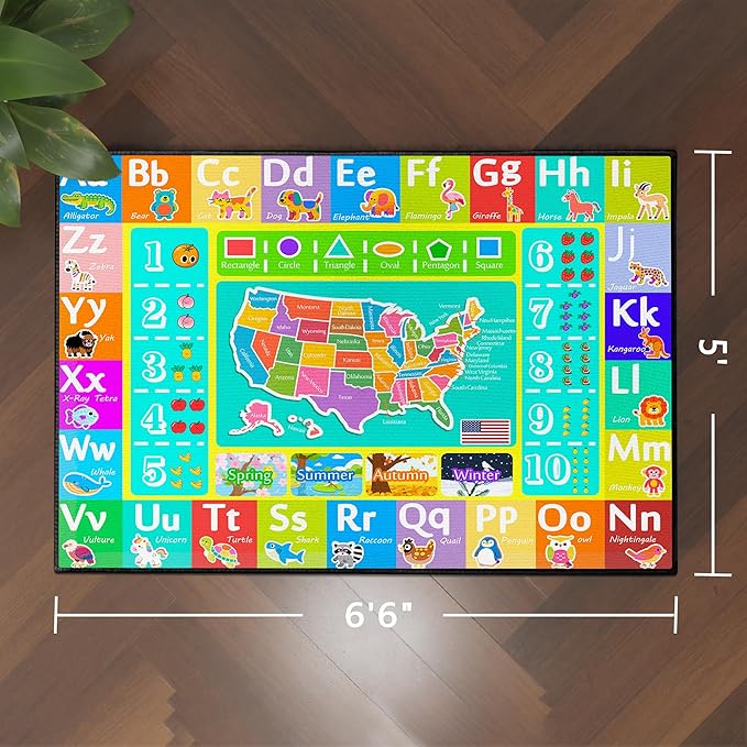 ABC Rug for Kids Playroom, 5'x 6'6" Washable Classroom Area Rugs, Educational Learning Mat with Alphabet Numbers Animals Seasons Shapes for Classroom Preschool Playroom