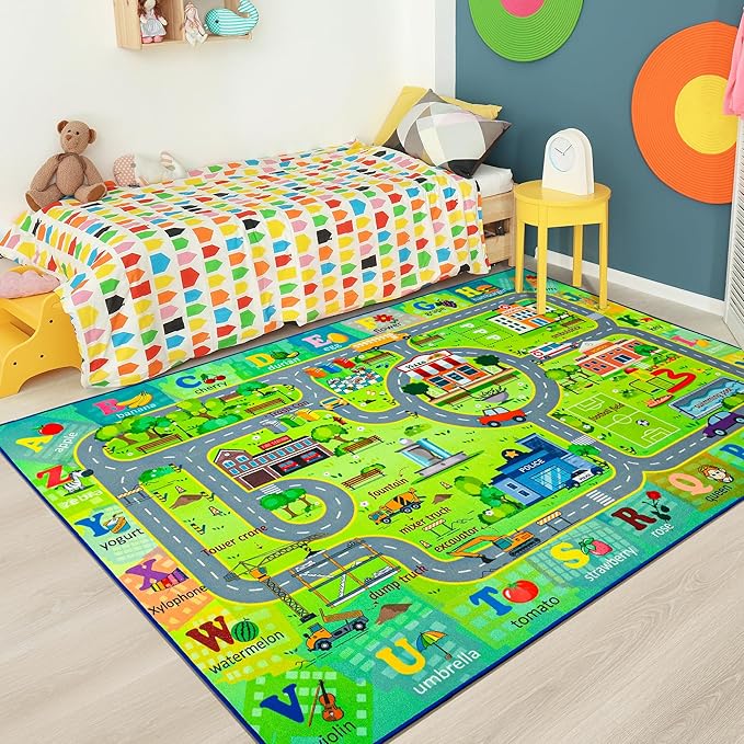 Chicrug 5x8 Car Road Area Rug for Kids Playroom Bedroom, Non Slip Low Pile Washable ABC Alphabet Carpet for Classroom, City Track Play Mat for Toddler Children Nursery Baby Room Decor, Green