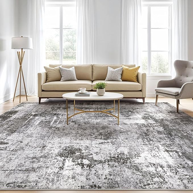 8x10 Area Rugs Living Room: Washable Large Abstract Modern Soft Rug Stain Resistant Indoor Floor Non Slip Accent Carpet for Bedroom Nursery Playroom Office Dining Room Dorm Home House- Black Grey