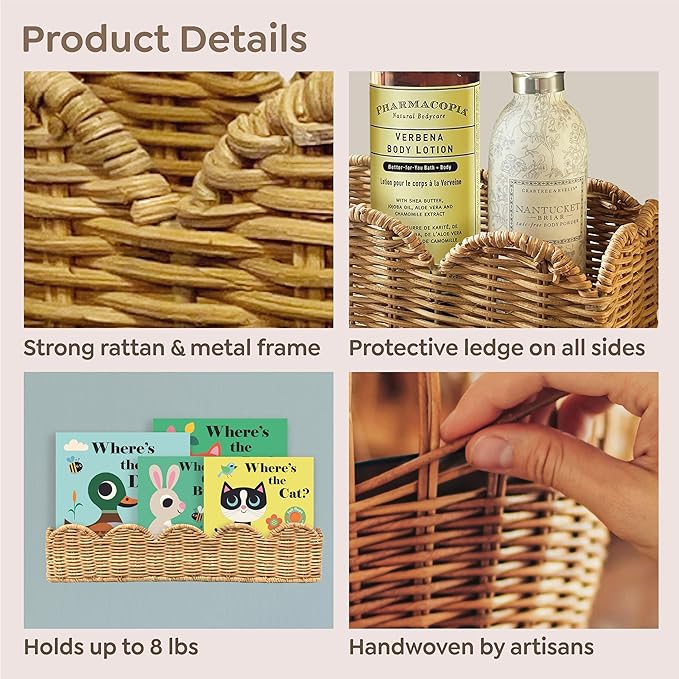 Nursery Book Shelves Set of 2 - Artisanal Natural Rattan Scalloped Book Shelf for Kids Rooms 15.8" W, Cute Wicker Nursery Bookshelf Wall Mounted, Handwoven Floating Kids Bookshelf, Baby Boho Decor