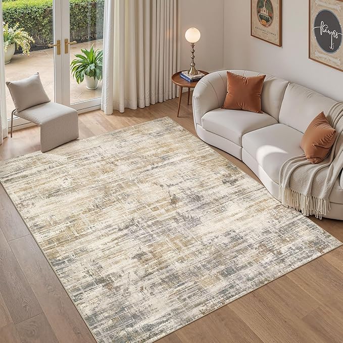Area Rug for Living Room: 6x9 Washable Neutral Abstract Modern Soft Rugs Non Slip Indoor Floor Stain Resistant Large Carpet for Bedroom Dining Room Office Nursery - Golden Brown