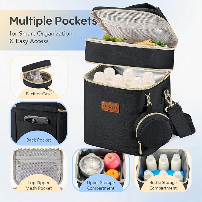 Breastmilk Cooler Bag with Ice Pack & Pacifier Case, Large Double Layer Insulated Baby Bottle Cooler Fits 6 Bottles, Breast Pump Storage Bag for Working Nursing Moms, with Gift Box