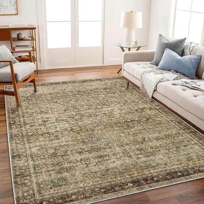 Area Rug 9x12 Washable Brown Vintage Traditional Mat Distressed Indoor Foldable Thin Retro Accent Floral Non Slip Carpet for Living Room Dining Room Office