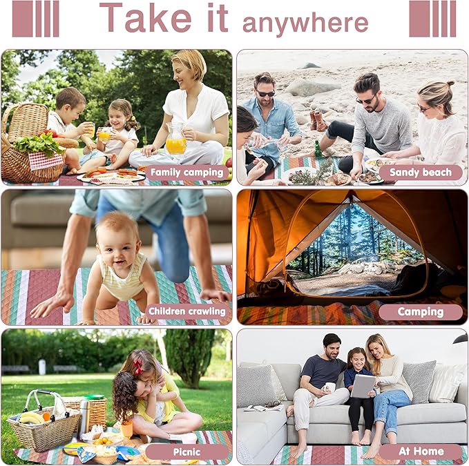 Waterproof Picnic Blanket 80" x 80" in Portable with Carry Strap for Beach Mat or Family Outdoor Camping Party, Park Blanket for Grass Park, Hiking, Travel, Concerts (Orange&Brown, 80" x 80")