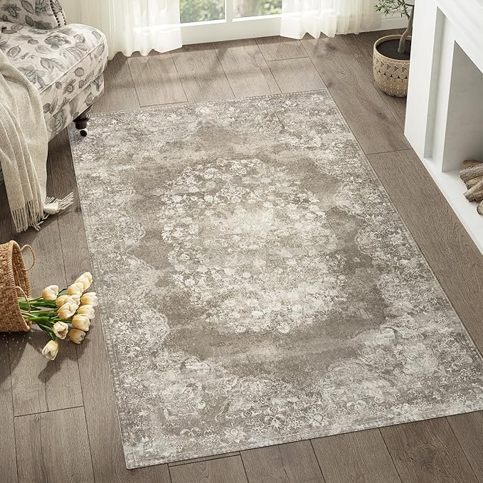 jinchan Washable Area Rug 3x5 Entryway - Soft Distressed Vintage Floral Indoor Bedroom Rug Faux Wool Low Pile Small Oriental Accent Carpet for Kitchen,Entrance,Bedside,Dining Room(Brown,3'x5')