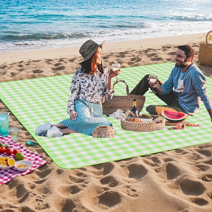 UDEAR Foldable Picnic Blanket,80"x80" Waterproof, Sandproof, Portable with Tote Bag for Beach, Park, Camping, and Travel,Green Plaid
