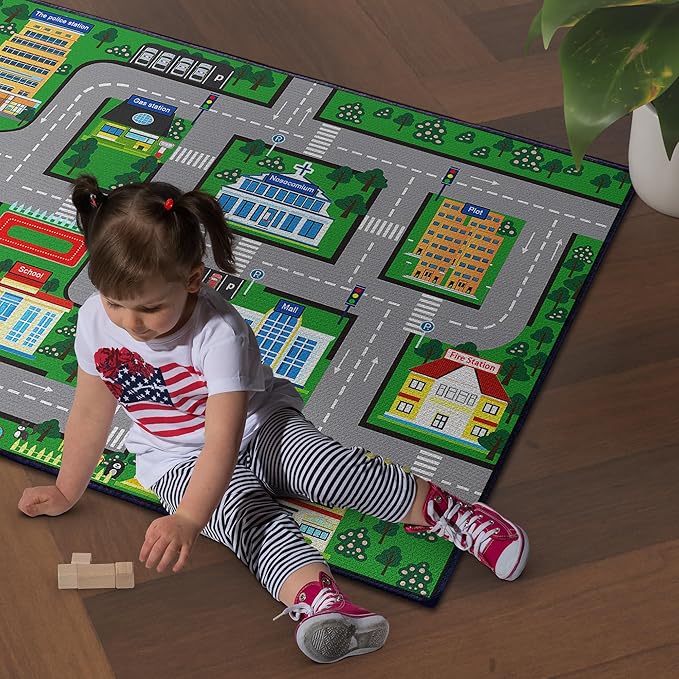 Fun Car Play Area Carpet Car Mat 3x4 Play Rug for Playroom Town City Road Map for Boys Bedroom Non-Slip Washable