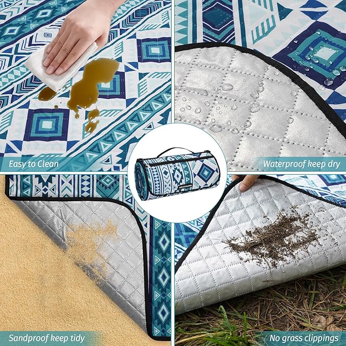 Picnic Blankets Extra Large Outdoor - Beach Blanket Waterproof Sandproof with Shoulder Strap, Machine Washable, Picnic Mat with Stakes for Grass Concert, Park, Lawn,Travel, Spring Summer. Blue