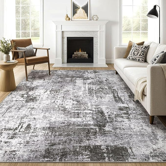 9x12 Area Rug Living Room: Washable Large Abstract Modern Soft Stain Resistant Indoor Floor Rugs Non Slip Accent Carpet for Bedroom Nursery Playroom Office Dining Room Dorm Home House- Black Grey