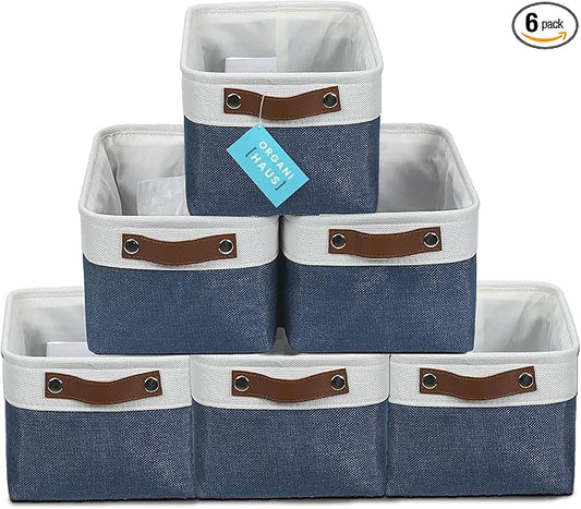 OrganiHaus Small Fabric Storage Baskets for Shelves 6 Pack, 12x8in Closet Storage Bins for Shelves, Cloth Baskets for Organizing, Linen Closet Organizers, Fabric Basket, Navy Blue/White