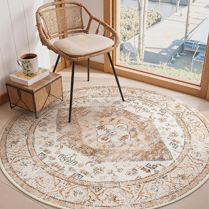 Lahome Boho Circle Rug - 6Ft Washable Round Area Rugs for Living Room Non-Slip Throw Dining Room Rug Large Round Carpet, Oriental Distressed Print Circular Mat for Office Classroom Bedroom Sofa