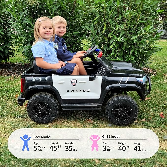 12V 7Ah Electric Police Car Ride on Toy for Big Kids, 2 Seater Kids Ride on Car SUV with Remote Control, Bluetooth - Black