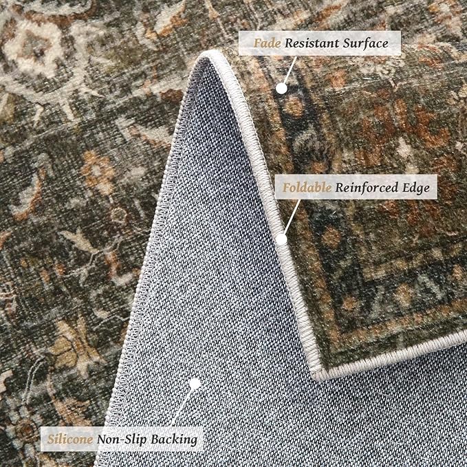 Washable 6x9 Area Rugs for Living Room, Boho Non-Slip Silicone Backing Large Rugs for Bedroom Dining Room Nursery Office, 0.3" Neutral Oriental Throw Carpet with 0.16" Cushioning Pad,Deep Brown/Multi